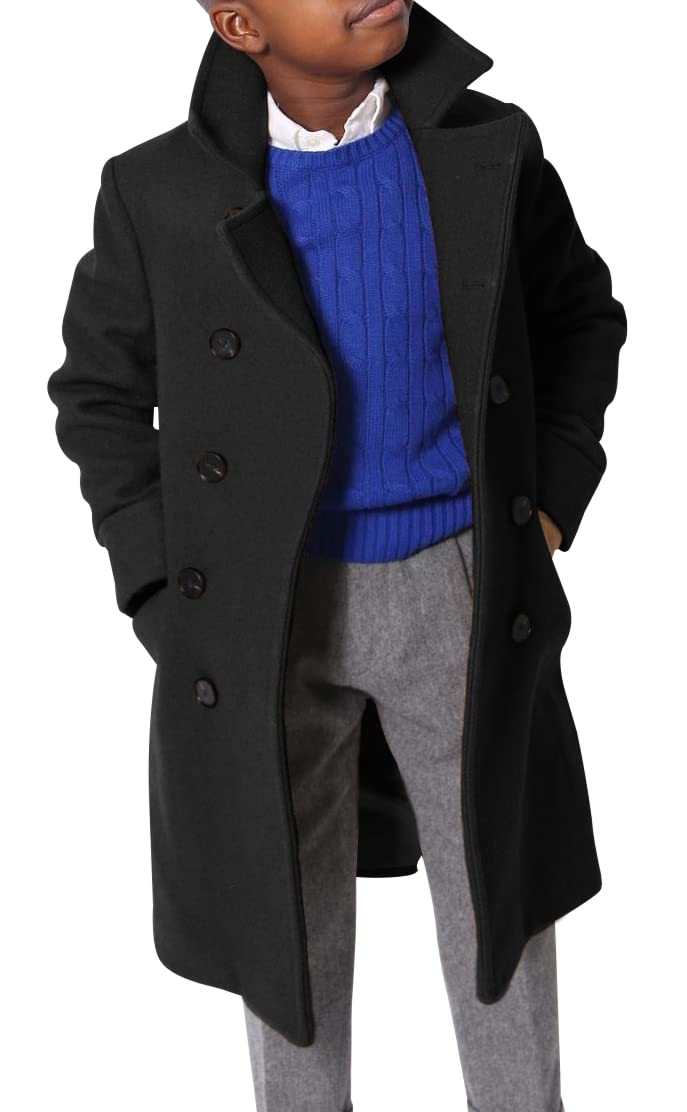 Ebifin Ragazzi Tacca Risvolto Doppio Petto Lungo Trench Cappotto Casual Classico Peacoat