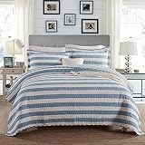 3 pièces King Size Quilted Couvre-lits Bleu rayé blanc Patchwork 100% coton Quilt Throw Ensemble douillette de lit avec 2 Taie