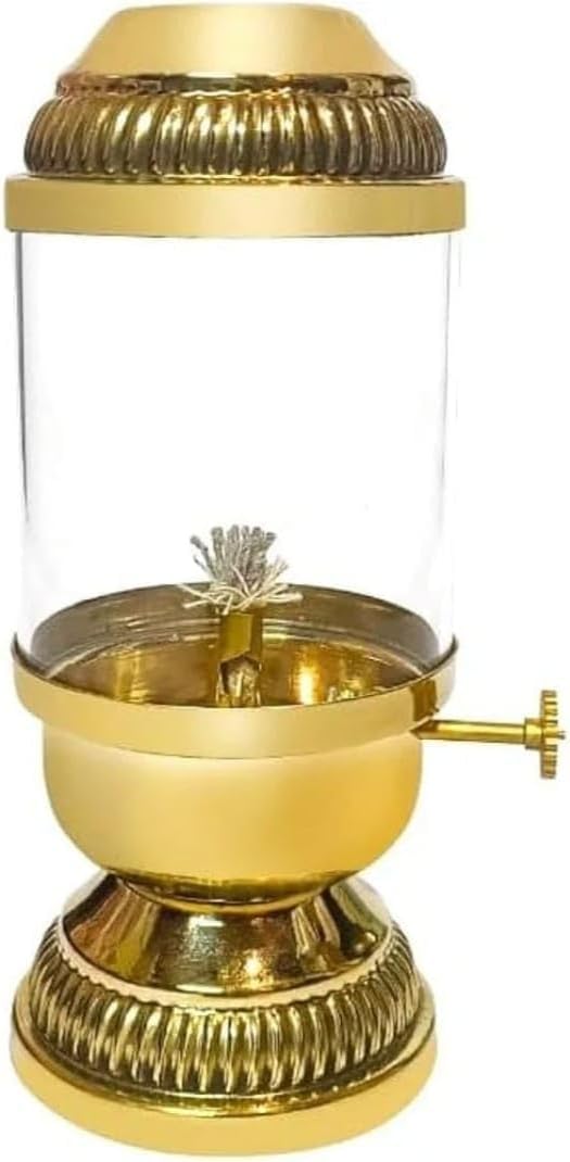Pure Brass Akhand Jyoti Oil Lamp Diya with Adjustable Bati Knob, Wick Lifting Screw Lever for Hoke and Pooja - Pack of 1 (8.75 Inches Height Approx)