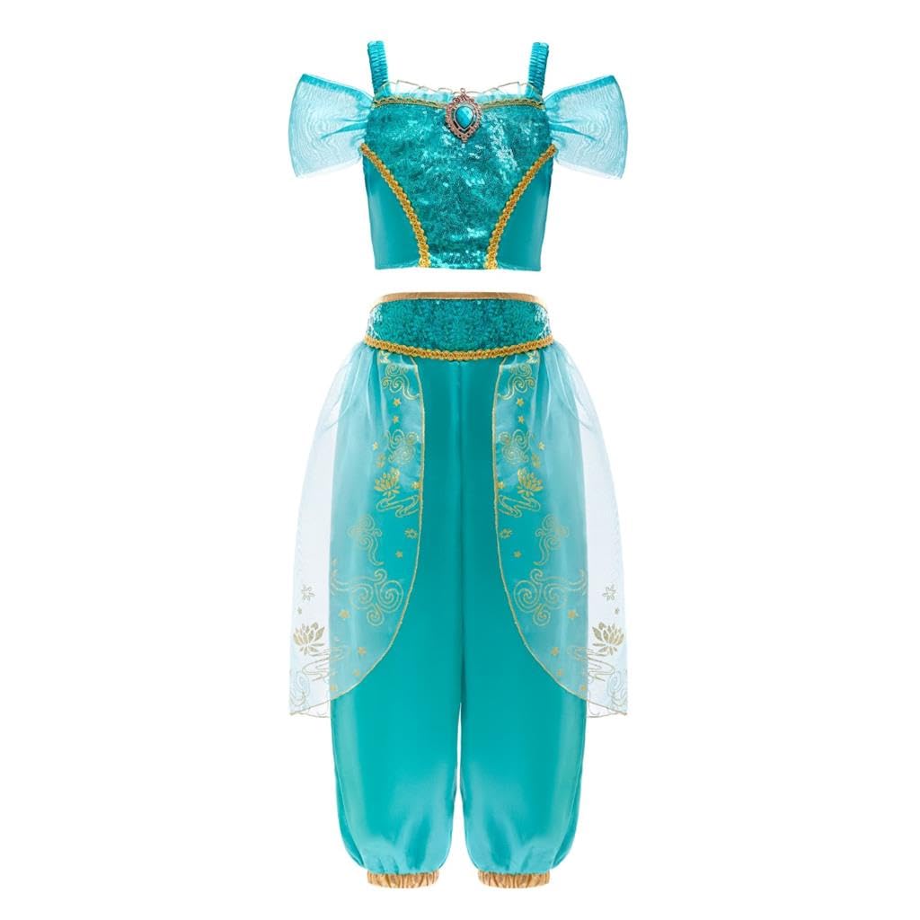 Lito Angels Princess Jasmine Costume Dress Up Arabian Belly Dance Outfit Sequin Top Pants Set for Big Girls Kids Theme Party Halloween Age 10-11 Years