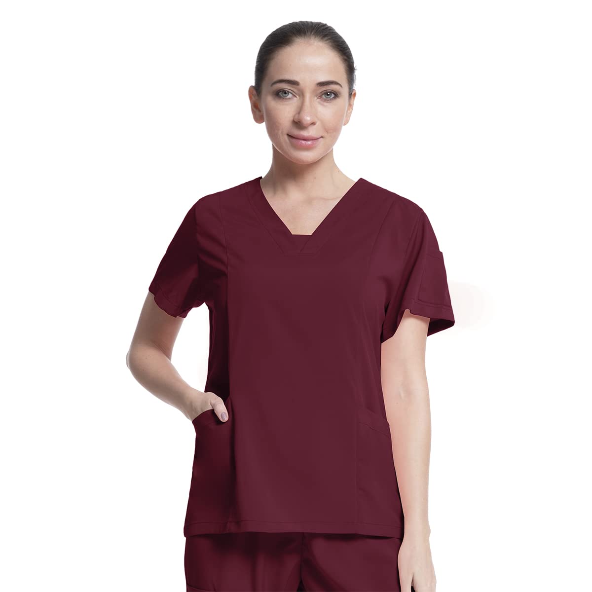 niaahinn Hospital Scrubs Top with Exquisite V-neck & Multifunctional Pocket Nursing Scrubs for Women & Men (Burgundy,XXL,XX-Large)