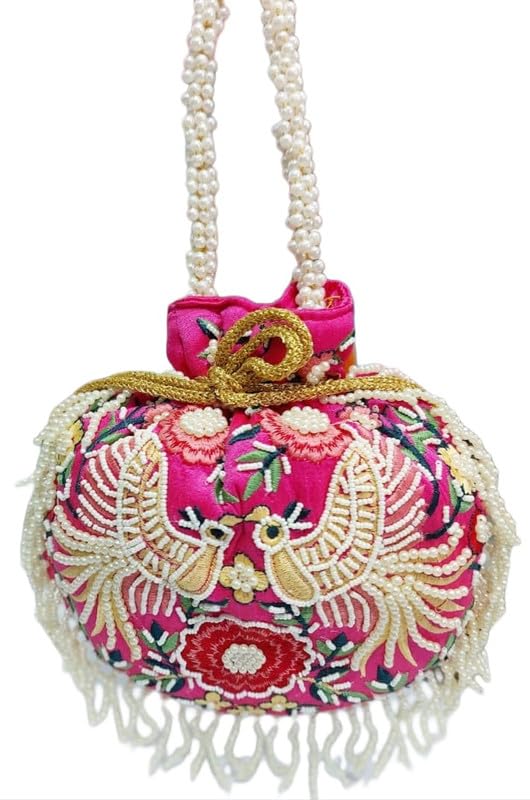 Zari Handmade Wedding Potli Bag | Embroidery Handbag With Beaded Chain For Women (Color: Pink)-image-24