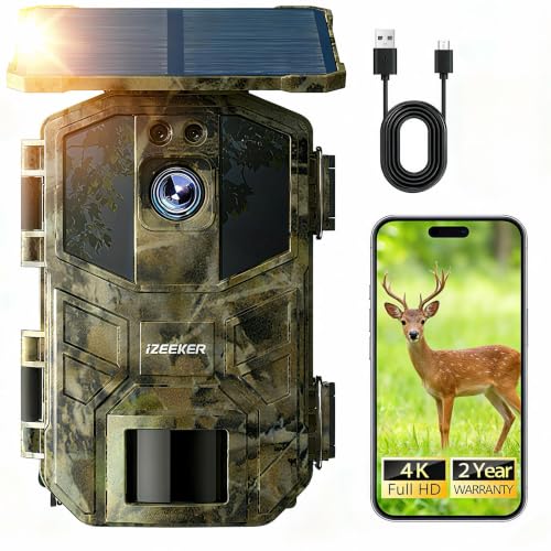 iZEEKER Solaire Caméra de Chasse 4K 64MP WiFi 6 Bluetooth avec 5200mAh Batterie Rechargeable, 0,1s Déclenchement, Camera Chasse Vision Nocturne IR Détection Mouvement, IP66 Étanche
