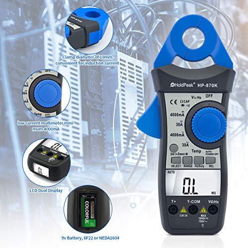 Digital Clamp Meter, Holdpeak Hp-870K Ac/Dc Current Amp Meter 4000 Counts Auto-Ranging Multimeter For Measuring Small Currents(4000Ma~30A, 1Ma), Resistance Capacitance Temperature Frequency Diode Test #TOP3