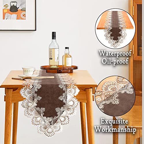 Lace Table Runner, Waterproof Oil-Proof PU Leather Table Runner with Exquisite Lace, for Dining, Wedding, Shower, Party (Brown, 16x72 inch) by Jeloris - Image 2