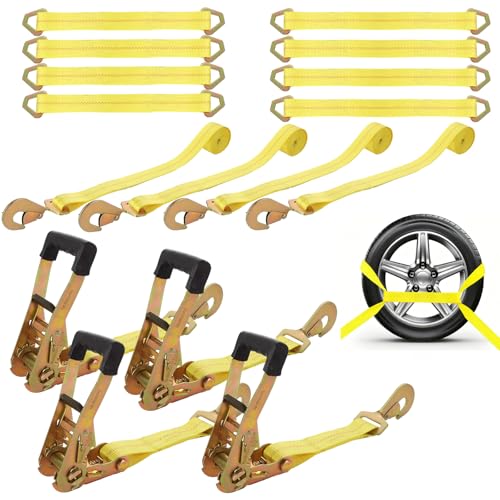 DAJAVE Lot de 4 sangles d'arrimage de 50 mm x 3 m pour transport automobile, sangles d'arrimage pour transport automobile de 3 m, 5000 daN, sangles d'arrimage avec cliquet et crochet pour la