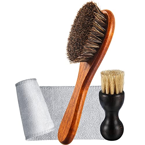 3 Pcs Horsehair Shoe Brush Kit Polishing Daubers Applicators Leather Care Brushes Shine Cleaning Cloth With Case(Shoe Brush Set B) #TOP6
