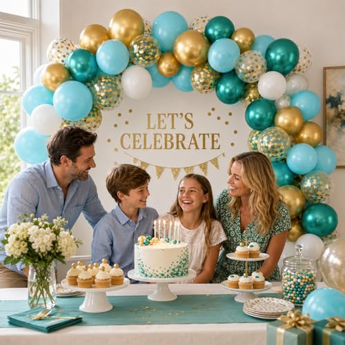 Image of Teal and Gold Balloons, 60PCS Gold Turquoise Balloons Set, 12 Inch Metallic Green Gold Confetti Balloon Teal Blue White Latex Balloon for Wedding Birthday Baby Shower Summer Party Decor