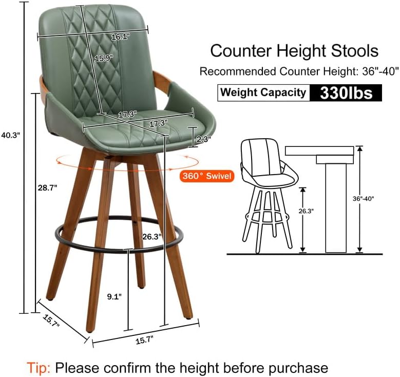 Miniatura 2 de Juego de 2 taburetes de altura de mostrador de 26 pulgadas, taburete giratorio tapizado moderno de mediados de siglo con respaldo curvado y brazos