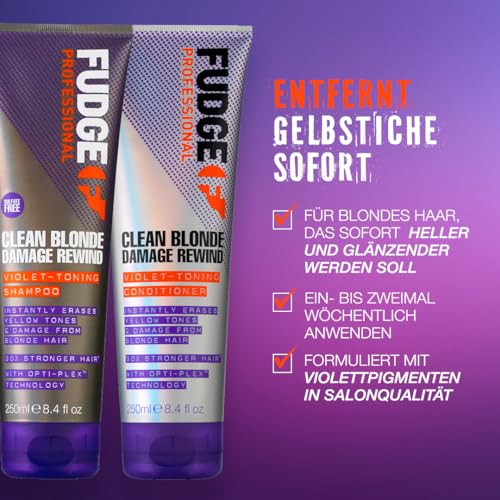 Fudge Professional Clean Blonde Damage Rewind Shampoo | Intensives violettes Tönungsshampoo für blondes Haar, Bond Repair-Technologie, sulfatfrei – 250 ml