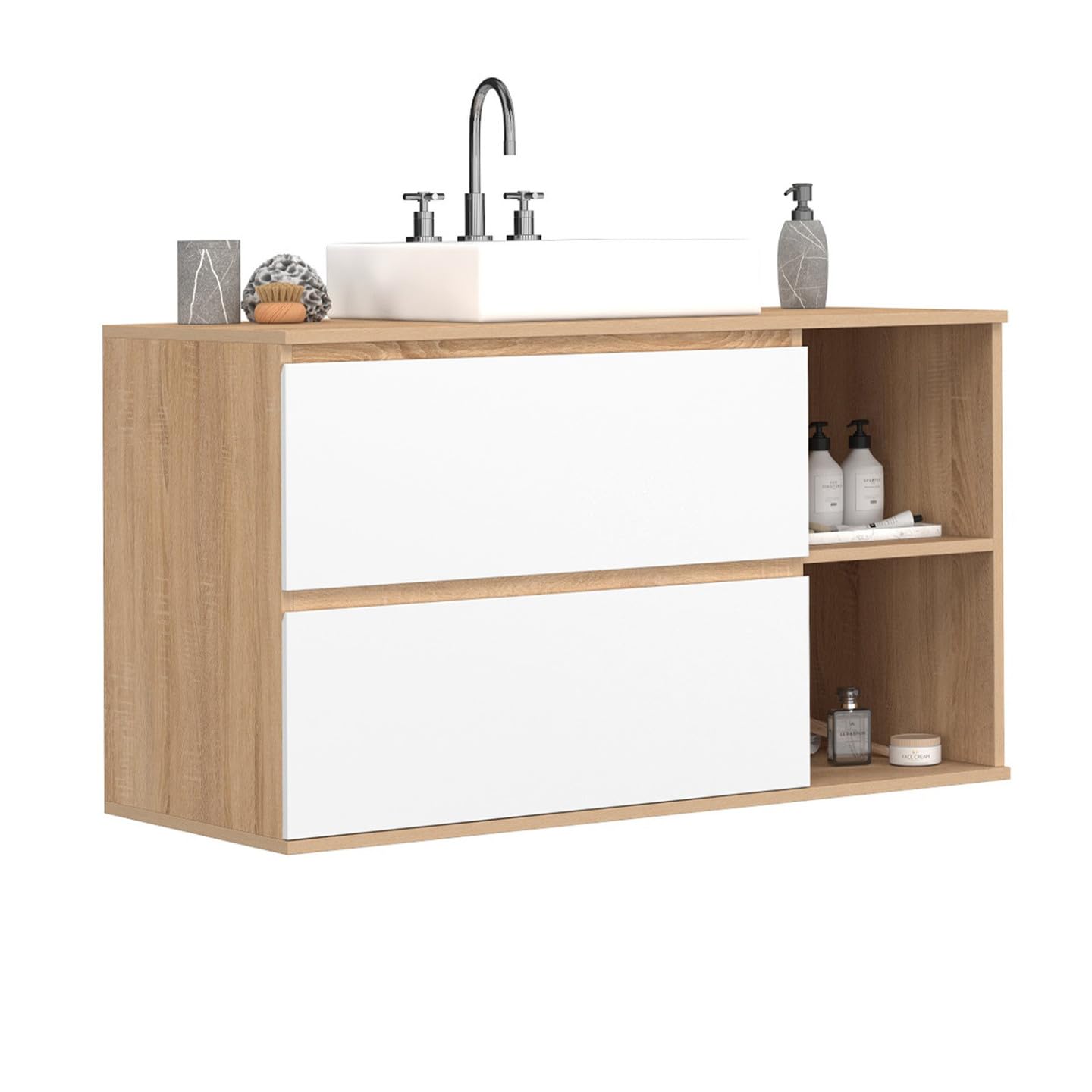 IDMarket - Lavabo colgante TOMI con 2 cajones y 2 nichos en haya y blanco