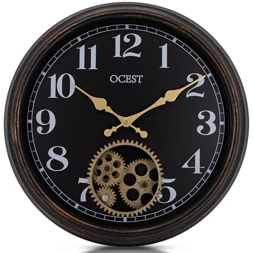 OCEST 15” Industrial Gear Wall Clock – Vintage Steampunk Decor with Moving Gears, Silent Quartz, for Living Room, Farmhouse, Office