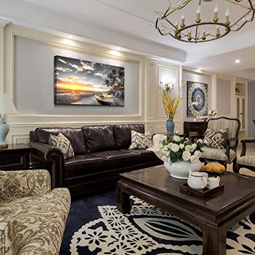 Beach Wall Art Canvas Prints Art Black And White Sunset Seascape Pictures Bedroom Decor Boat Tree Ocean Landscape Painting For Living Room Office Decoration Natural Scenery Artwork 20X40Inches #TOP3