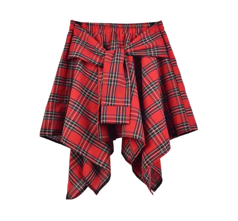 Women's Y2K Elastic Waisted Plaid Skirt Knot Front Irregularly Hem Mini Skirt Pleated Skater Skirt