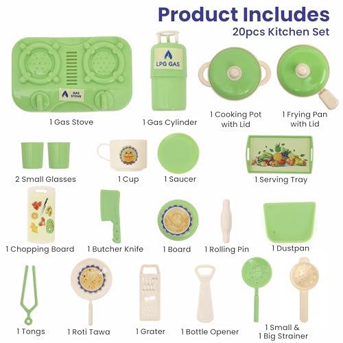 Image of Chanak Kitchen Fresh Cook Set Bag for Kids, Pretend Play Cooking Toy with Mini Utensils & Gas Stove, Cylinder, Frying pan, Serving Tray, Kitchen Role Play Toy Set for Kids Age 3+ (Green)