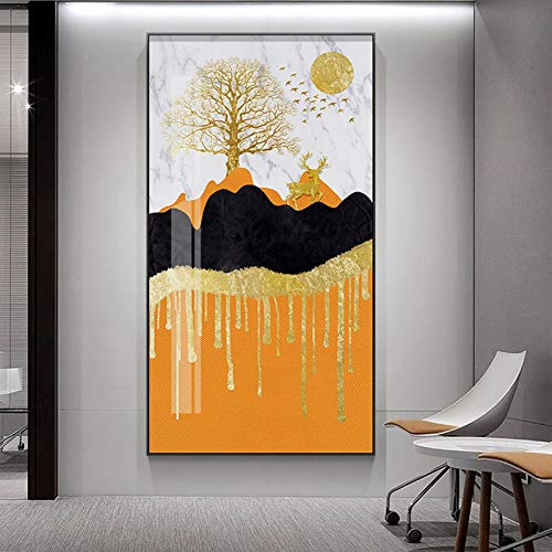 Toile abstraite cerf de montagne doré pour habiller un grand mur vide de salon