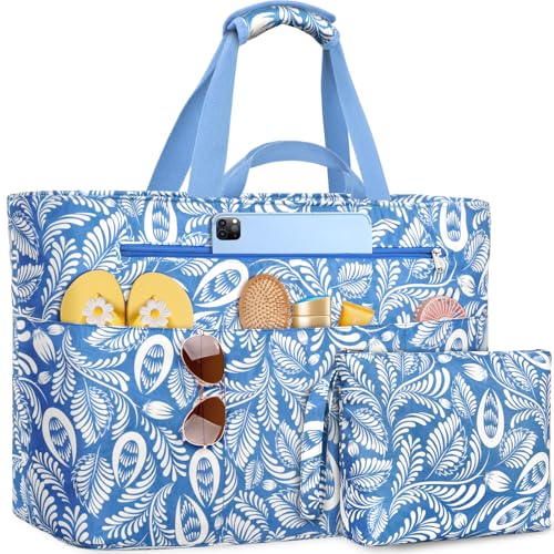 NEWIROVE Bolsa Playa Mujer Grande Xxl Familiar Bolsos Playa Con Cremallera Beach Bag Plegable Bolsa Viaje Ligero Tote Bag Mujer Para Playa, Viajes, Picnic. 50L, Blu etnico