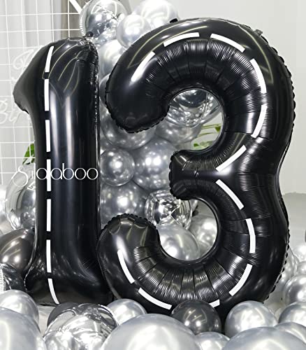 Image of Race Car 40 Inch Black 13 Big Large Helium Balloon Number 0-9 | Track Giant Digital 13th Foil Mylar Party Number Balloons for Men Birthday Car Theme Party Anniversary Graduation Decorations