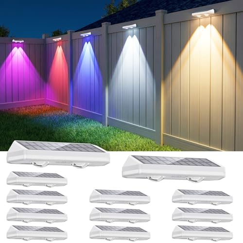 Image of 12 Pack Solar Fence Lights, Fence Lights Solar Powered with Ultra-Bright Lens Warm White + RGB 13 Color Mode IP65 Waterproo for Backyard /Step /Patio /Deck /Stair /Railings-White