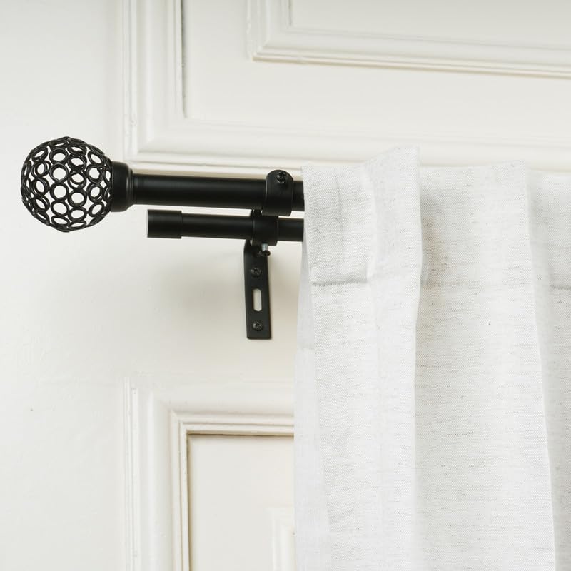 Image of 84 inch-144 inch Adjustable Double Curtain Rod For Door & Windows With Brackets Set Curtains Hanging Extendable Iron Metal Pipe Holder With Mughal Metal Finial (Black, 0.75 inch Diameter)