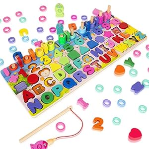 Wooden Magnetic Puzzles for Toddlers, 5-in-1 Color Alphabet Shape Number Sorting Fishing Game Toys, Educational Math…