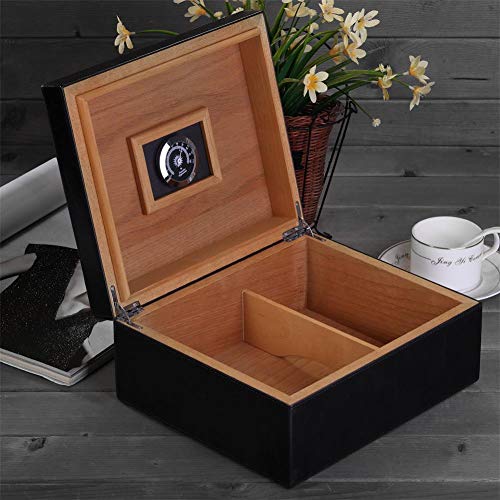 Cigar Humidor, MEGACRA Handmade Desktop Cigar Humidor with PU Leather Surface for 25-50 Cigars, Cedar Wood Lined Cigar Storage Box with Humidifier and Hygrometer