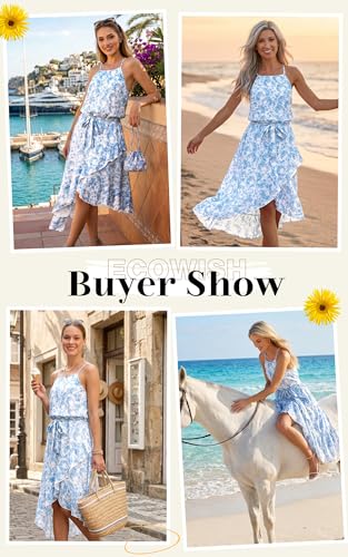 Image of ECOWISH Polka Dot Women Summer Dresses Casual Midi A Line Ruffle High Low Sleeveless Boho Floral Halterneck Cocktail Sundress