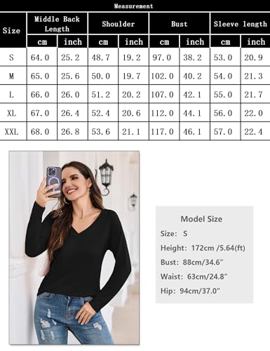 Aottori Shirt Langarm Damen V-Ausschnitt Elegant Stretch Oberteile Lose Pullover T-Shirt Einfarbig Basic Top Frühling Herbst Schwarz L