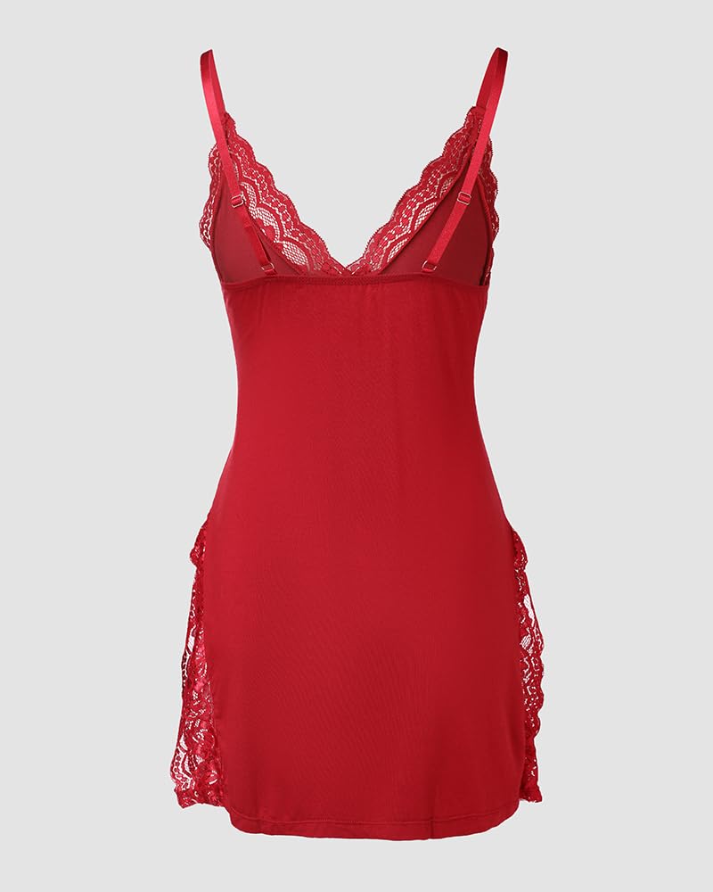 CHICME Women's Lace Trim Side Slit Modal Cami Sleep Dress Loungewear Cute Night Gowns for Women: Wine Red Small