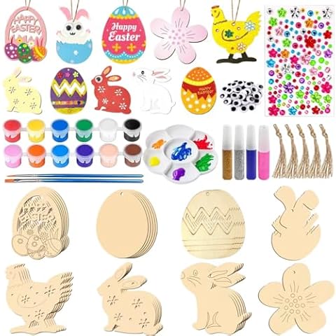 Wooden Easter Craft Kits, Assorted Unfinished Wood Easter Egg Bunny Ornaments for Kids Adults to Paint, Art and Craft Supplies for Classroom Party Activities Home Hanging Decorations Cover