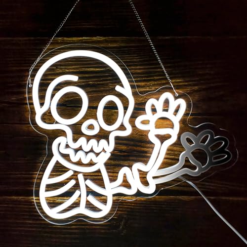 Image of Waving Skeleton Neon Sign for Wall Decor Dimmable Flashing Halloween Neon Signs Halloween Neon Lights Ghost Skull Led Wall Decor