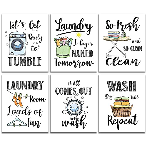 SUUURA-OO Funny Laundry Rules Sign Painting, Creative Laundry Saying Art Prints (8”X10”,Unframed), Set of 6, Funny Modern Minimalist Wall Art Poster For Laundromat Wash Room Decor
