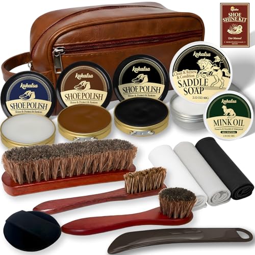 Shoe Shine Kit, Mens Gifts Ideas - 15PCS Shoe Polish Kit with Saddle Soap, Mink Oil, 3 Shoe Polishes, 3 Shoe Brushes and more, All-inclusive Leather Care Kit for Leather Shoe Boot Cleaning and Care