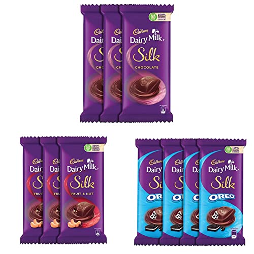 Image of Cadbury Dairy Milk Silk Chocolate Bar, 150g (Pack of 3) & Dairy Milk Silk Fruit and Nut Chocolate Bar, 137g (Pack of 3) & Dairy Milk Silk Oreo Chocolate Bar, 130g (Pack of 4)