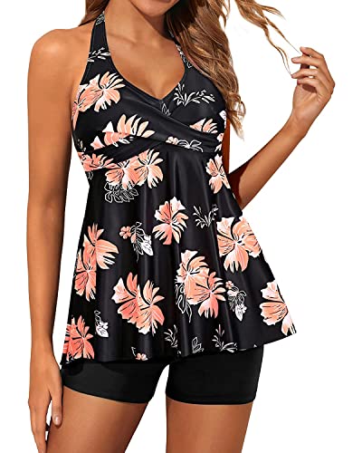 Yonique Two Piece Tankini Swimsuits for Women with Shorts Halter V Neck Bathing Suits Flowy Twist Front Swimwear