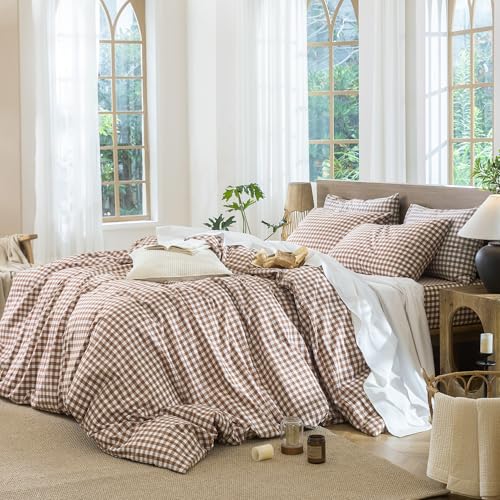 Image of MooMee Gingham Duvet Cover Set 100% Washed Cotton Linen Like Textured Breathable Durable Soft Comfy Modern Checkered Design (Dark Orange Gingham, Full 80 inchx90 inch)