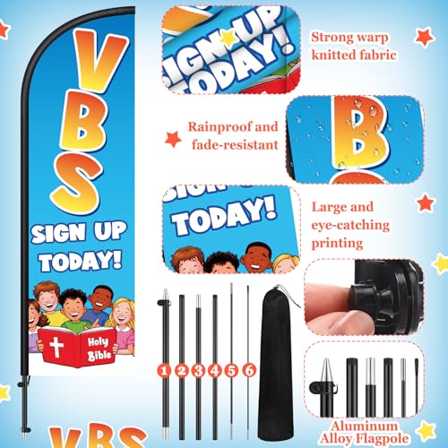Image of Remagr 2 Pack Vbs Church Feather Flag 7 ft Advertising Swooper Flag Sign Windless Vacation Bible School Feather Banner with Pole Kit and Ground Stake for Businesses Outside Ground