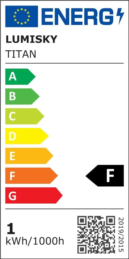 EU Energy Label for Lumisky TITAN Floodlight, showing F class efficiency