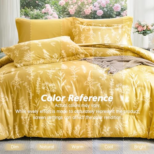 Image of MUXHOMO Bright Yellow Full Comforter Set, Elegant Floral Print Bed in a Bag 7 Pieces, Ultra Soft & Breathable Reversible Botanical Pattern Bedding Set with Comforter, Sheets, Pillowcases, and Shams