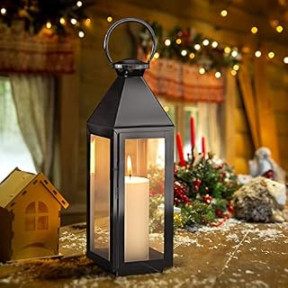 INMOZATA Decorative Lantern Stainless Steel Candle Lantern Glass Garden Lantern Tealight Holder for Wedding Indoor Outdoor Black (15x15x40cm)