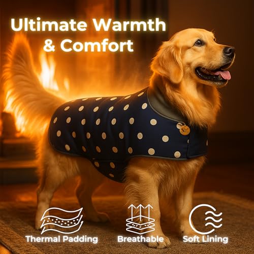 Image of Sage Square Dual-Sided Polka Dot Dog Jacket - Protective Cold-Weather Gear for Pets, Lightweight, Cushioned, Designed for Warmth & Comfort Indoors or Outside (Polka Navy Blue, XXL - 22 Inch)