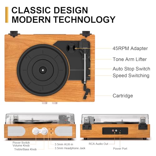 Image of Vinyl Record Player with Built-in Speakers 3-Speed Vintage Record Player Support Treble& Bass Control, 3.5mm Headphone Jack, RCA-Out /Aux in, Belt-Driven LP Turntable,Natural Wood