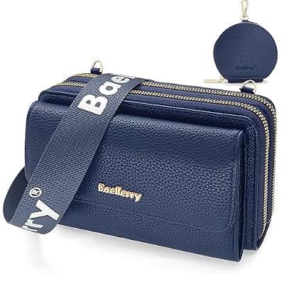 HNOOM Borse a Tracolla per Cellulare Portafoglio Donna Doppia Cerniera Lunga in Pelle PU Grande Capacità Mini Borsa Tracolla Donna con Portamonete e Tracolla Porta Cellulare (Blu Scuro)
