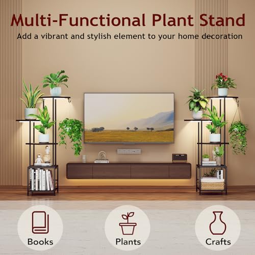 Image of Homsorout Plant Stand Indoor with Grow Light - 5-Tier Metal Plant Shelf with Hanging Basket Hook, Corner Tall Flower Holder for Multiple Plants, Living Room Balcony Garden Patio, Black
