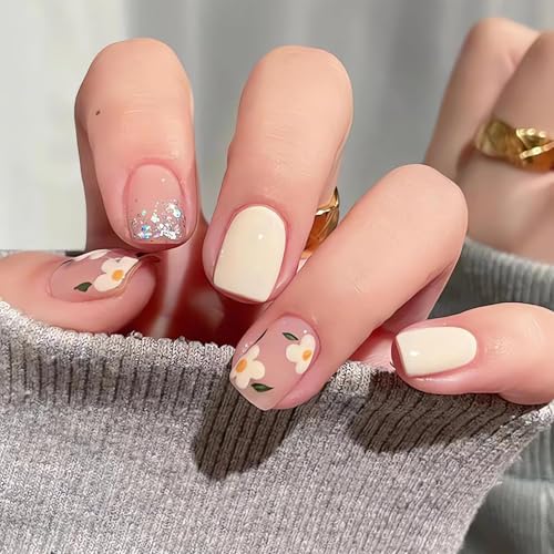 Irikdescia 24 uñas postizas cortas cuadradas con flores para pegar en las uñas, flores, uñas postizas, decoración de flores (crema)