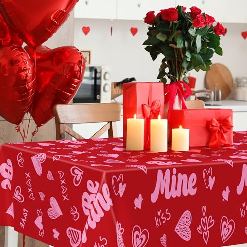 Image of QZYL 3 Pcs Valentines Decorations, 108 inch X 54 inch Plastic Valentines Tablecloth, Disposable Love Tablecloth, Pink Table Cloth Rectangle Valentine's Party Favors, Heart Table Cover for Love Wedding Party