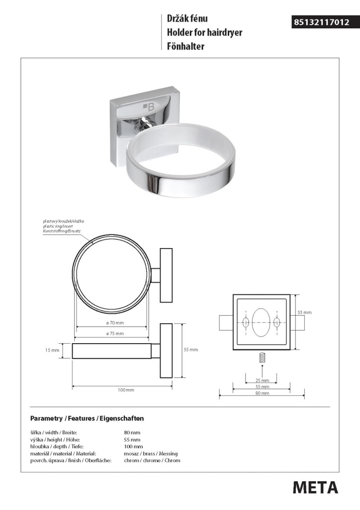 META Fönhalter Messing Chrom poliert für Bad & WC >> zum Bohren oder Kleben