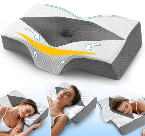 Hypuno Orthopädisches Memory Foam Kopfkissen Nackenstützkissen Gegen Nacken-& Schulterschmerzen mit 2 Höhen & Waschbarem Bezug, Grau–Ergonomisches Schlaf-& Komfortkissen für Seiten- & Rückenschläfer