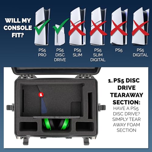Image of CASEMATIX Travel Case Compatible With PlayStation 5 Pro & PS5 Pro Disc Drive - Hard Shell Waterproof Case with Custom Foam for Console, Pro Controllers, Stand, Headset, Games & Accessories (Gray Lid)