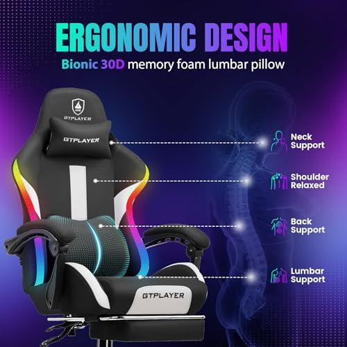 GTRACING Gaming Chair with Foot Rest & Racing Style RGB LED Lights, Breathable Fabric for Home Office Desk, Ergonomic High Back Computer Chair with Headrest & Lumbar Support, RGB Black